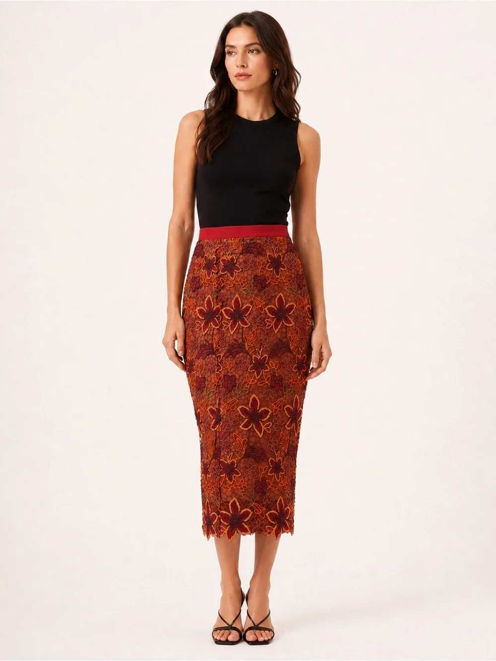 Nora Barth Embroidered Floral Midi Pencil Skirt in Red and Orange